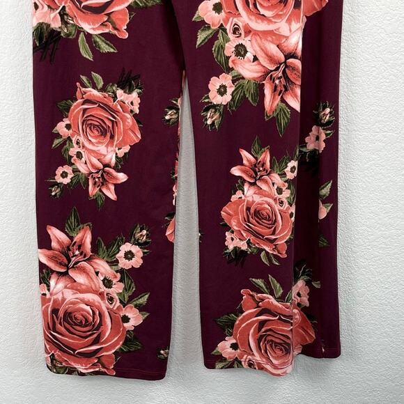Maroon Floral High Rise Front Slit Wide Leg Pull On Palazzo Legging Pants M/L - Picture 7 of 12